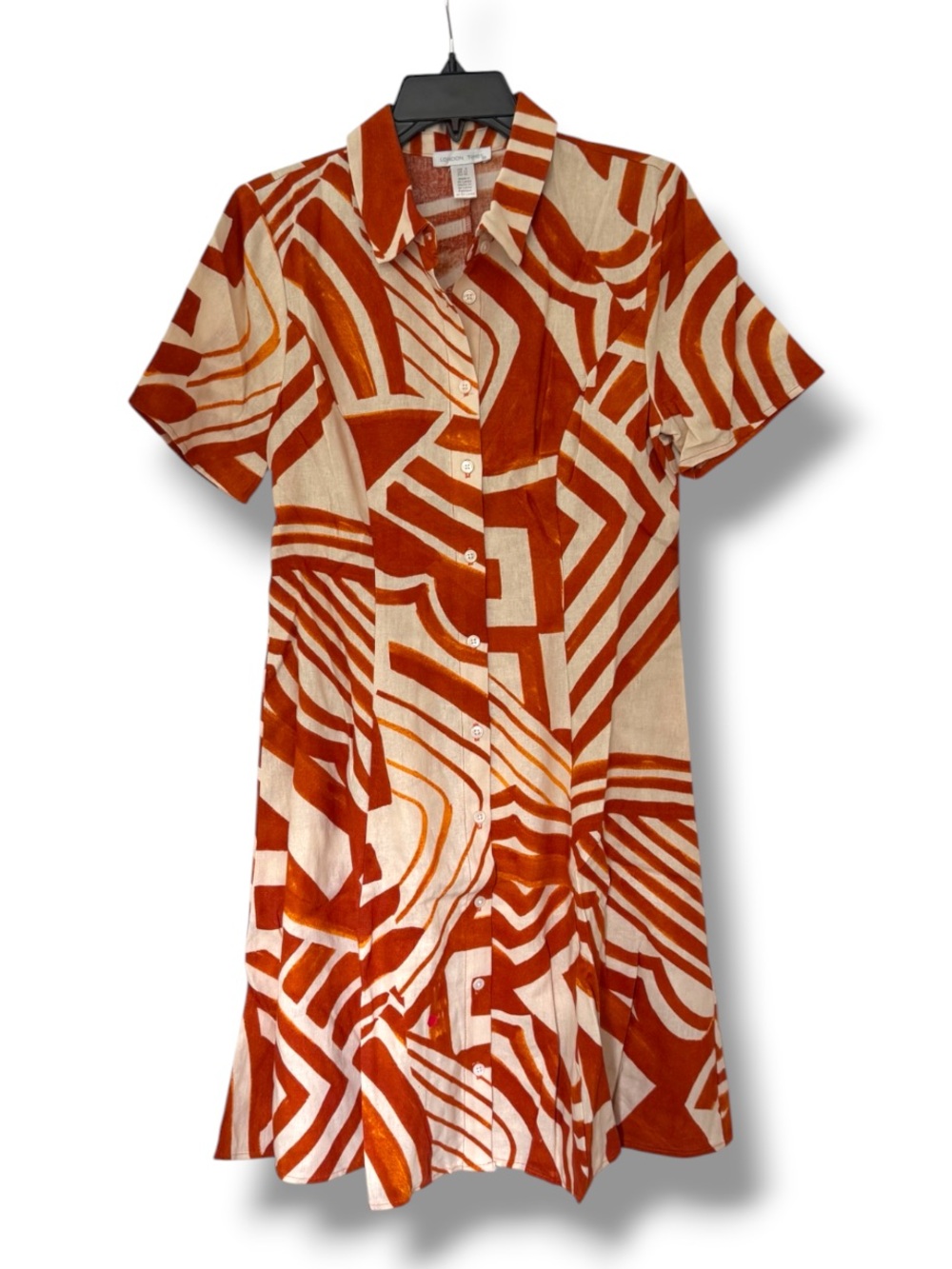 London Times Women's Linen Geometric  Print Flared Button-Front Shirt Dress